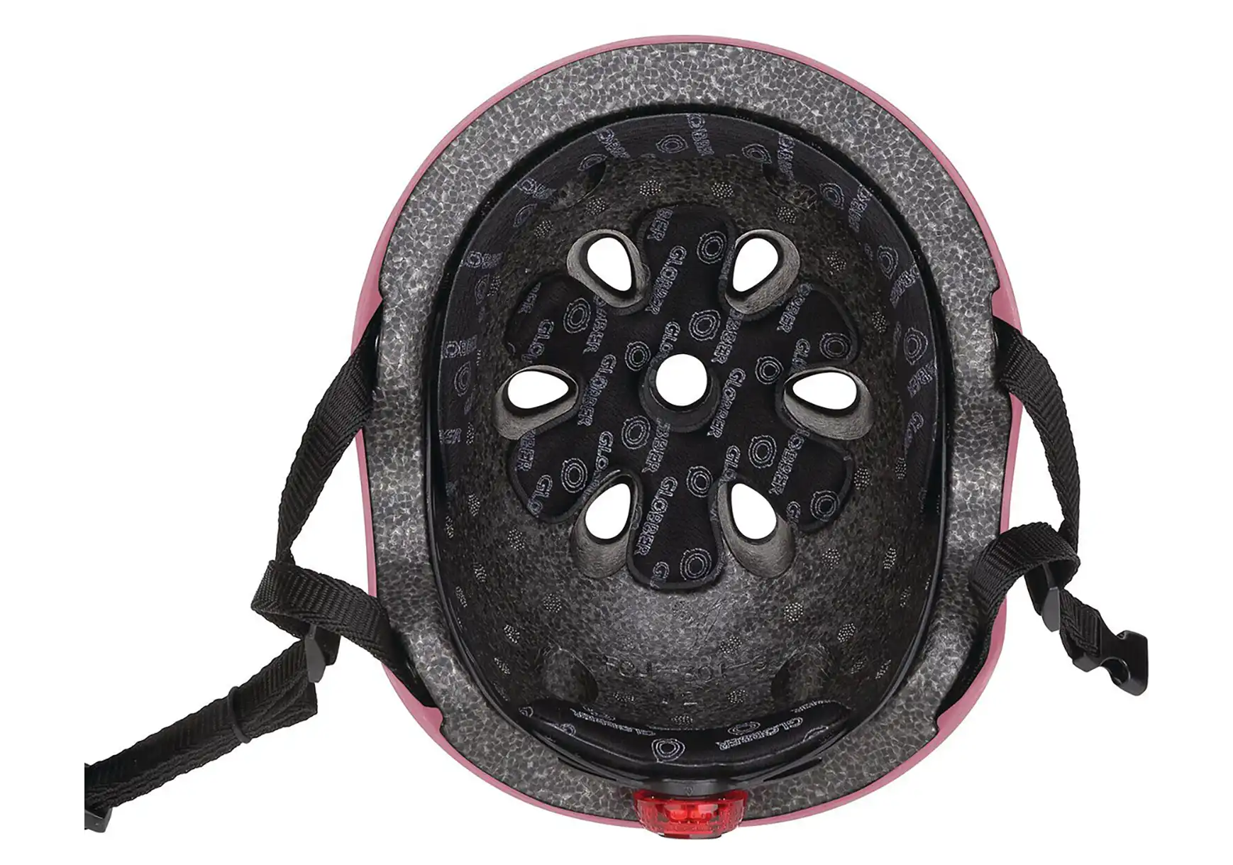 Innenansicht von Globber Kinderscooter rosa Helm mit schwarzen Riemen.