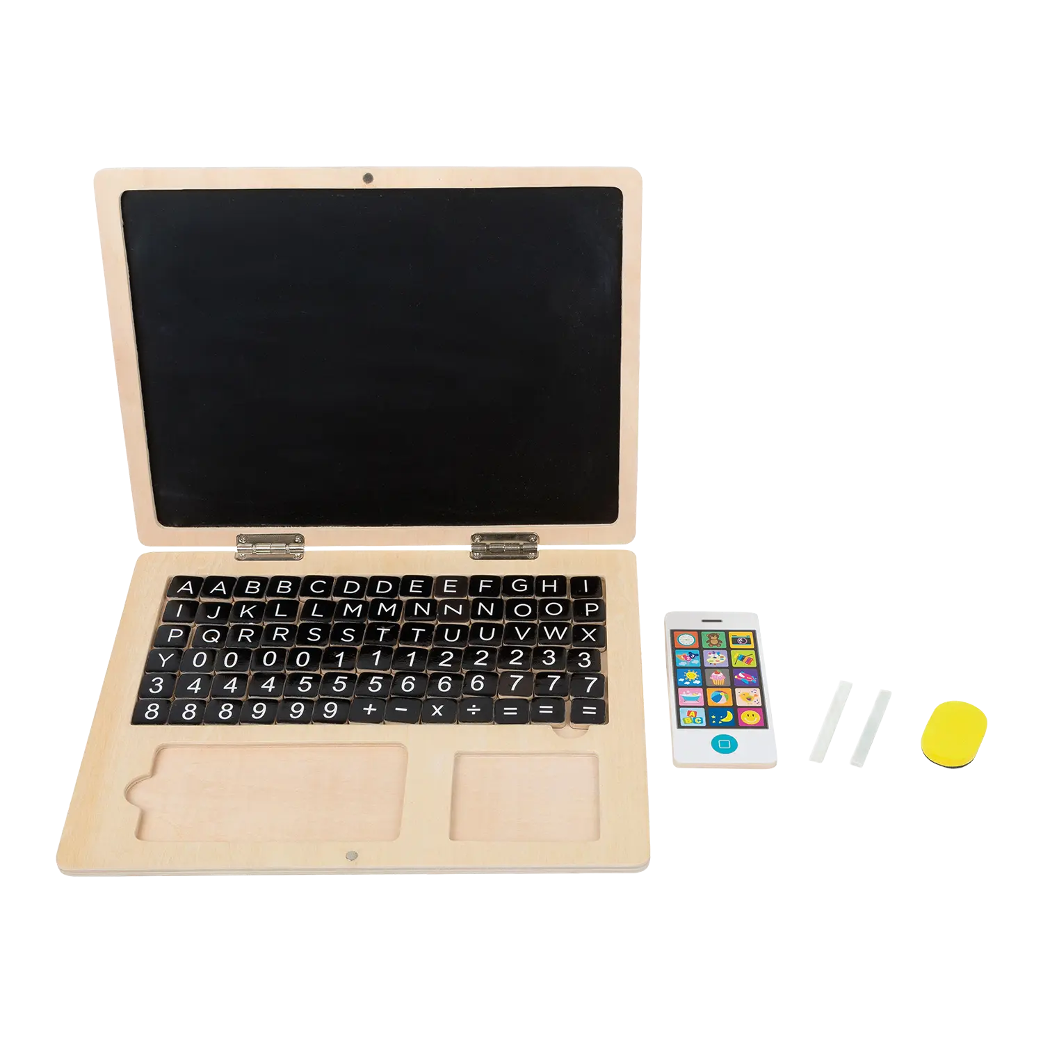 Holz-Laptop aufgeklappt mit Magnettafel, Kreide und Smartphone