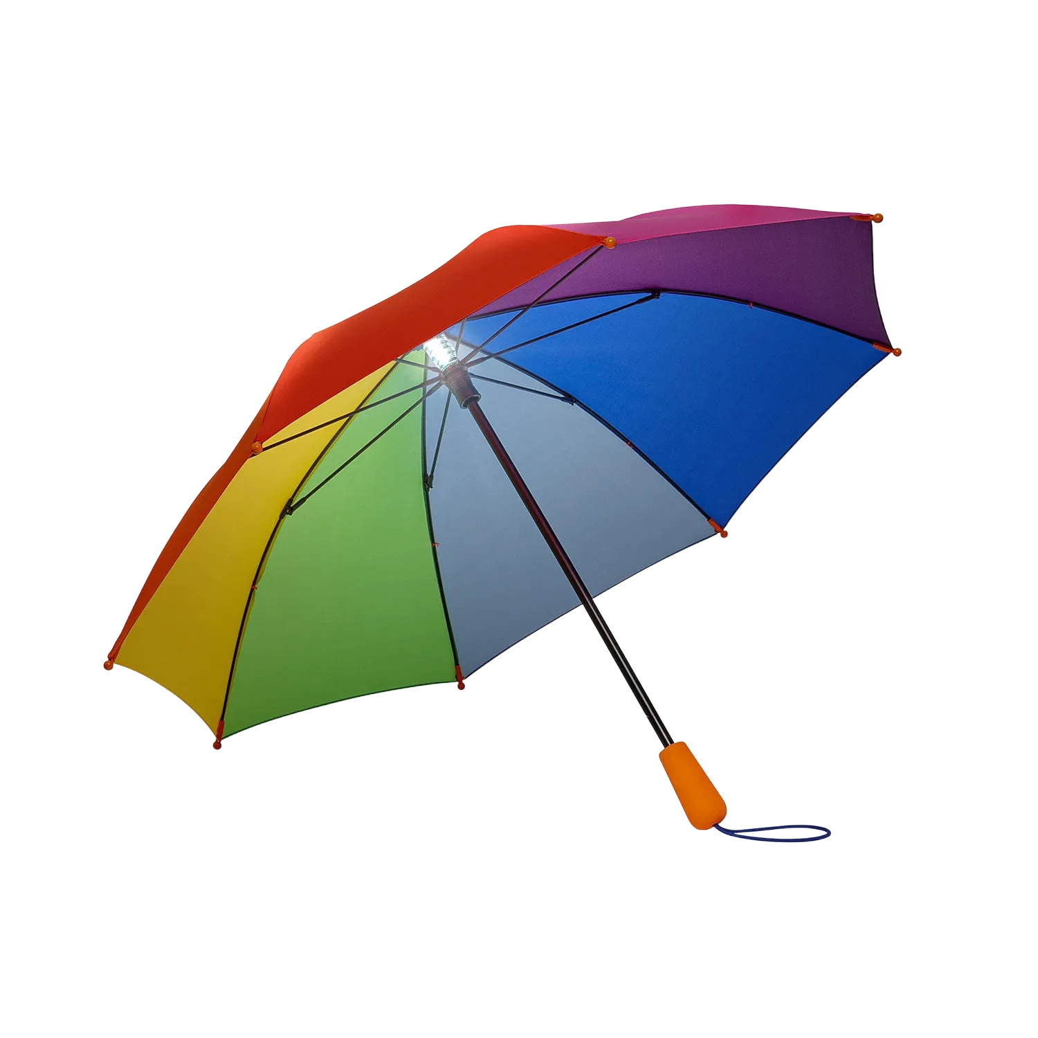 Kinderschirm mit Beleuchtung vor weißem Hintergrund geöffnet.