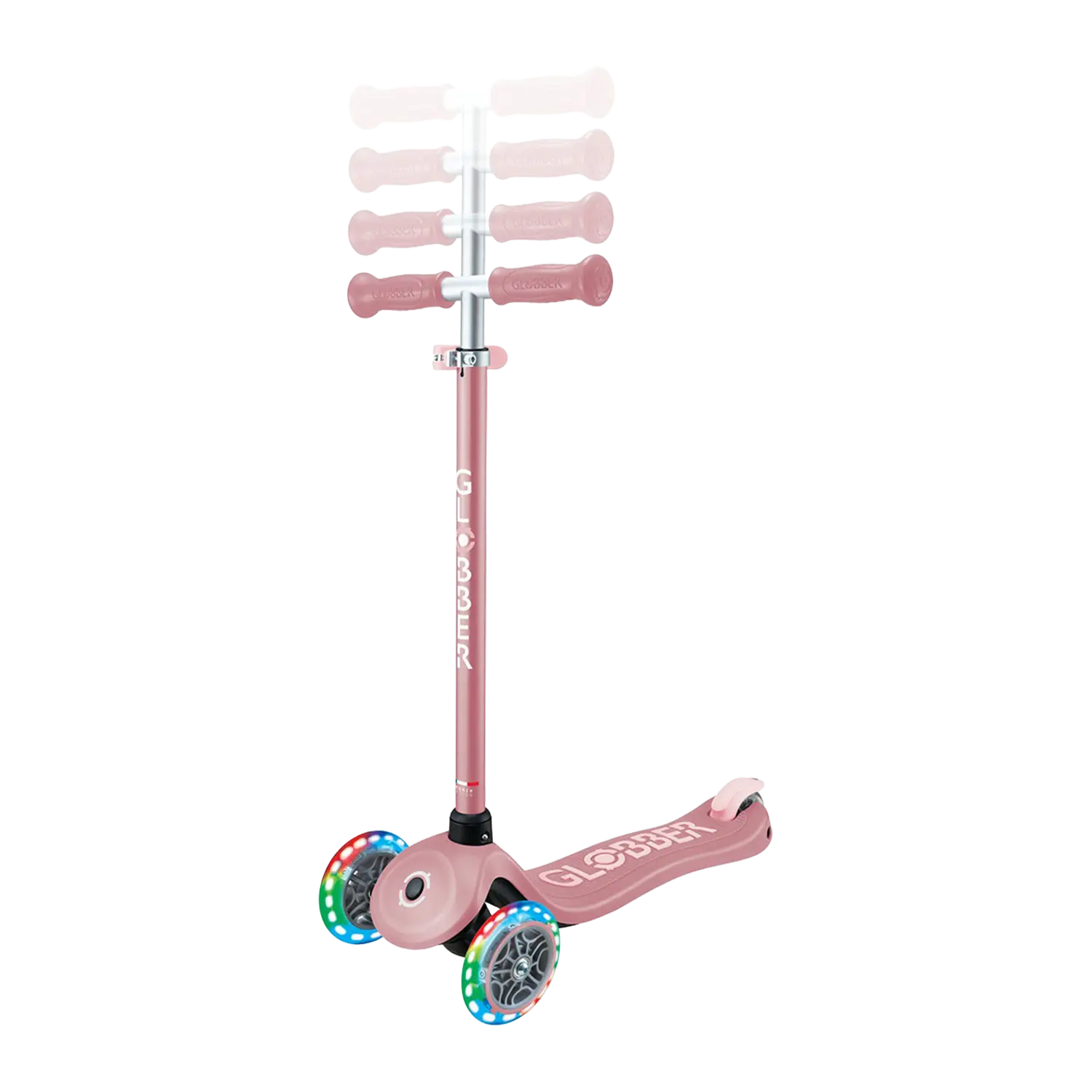 Globber Kinderscooter mit Helm, rosa, mit LED-Rädern im Bild-Wrapper.