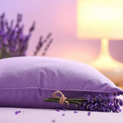 Ein Lavendelkissen mit frischen Lavendelzweigen neben einer leuchtenden Lampe.