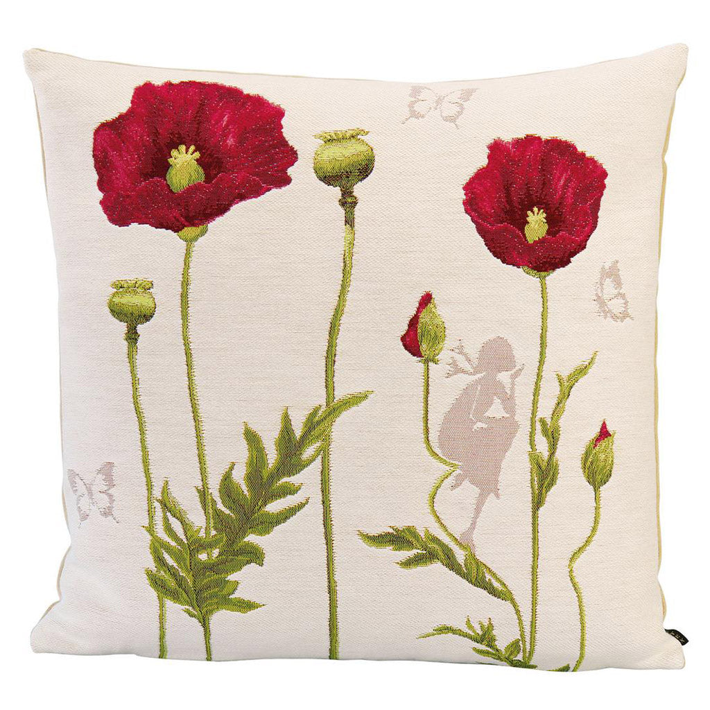Die Kissenhülle "Mohnblüten II" besticht durch ein gesticktes Muster aus roten Mohnblumen und grünen Stielen auf cremefarbenem Hintergrund. Sie ist aus weicher Baumwolle gefertigt. Feen und Schmetterlinge zwischen den Blumen verleihen ihr eine verspielte Note. Dank des dezenten Reißverschlusses lässt sich die Hülle leicht abnehmen.
