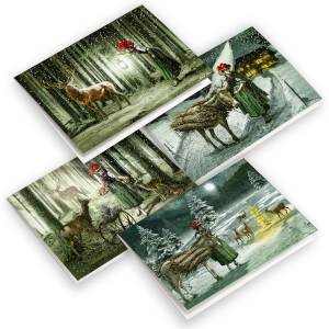 Das Weihnachtliche Klappkarten-Set „Licht im dunklen Tann“ enthält vier illustrierte Karten von Michael Meier, die eine Frau und ein Reh in festlich verschneiten Wäldern zeigen, gedruckt auf hochwertigem Fedrigoni ARCOPRINT-Papier.