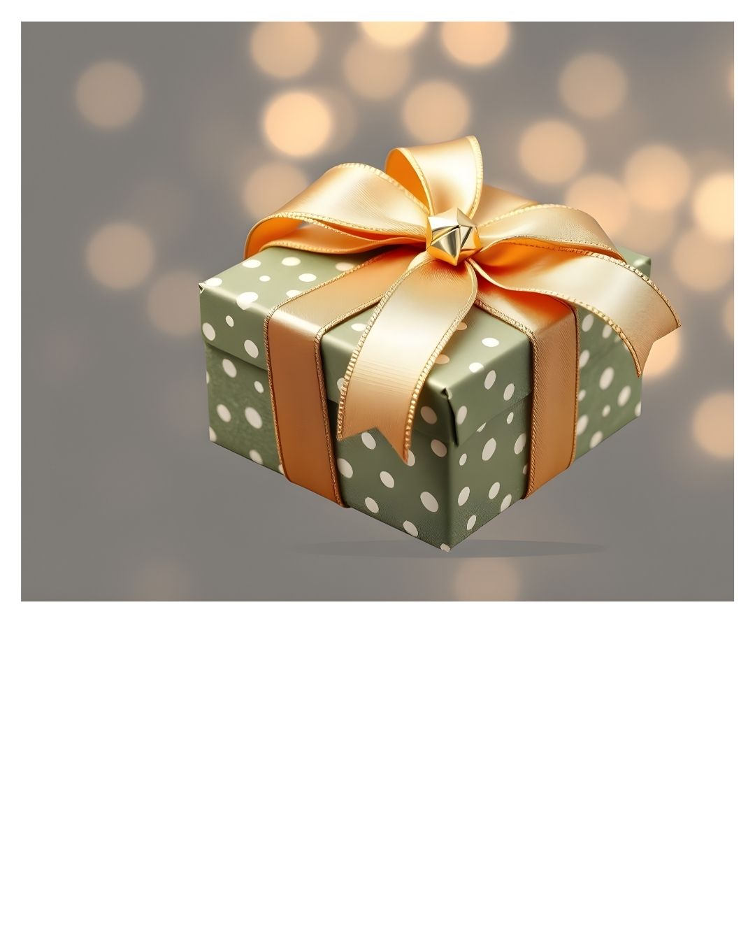 Grün gepunktete Geschenkbox mit goldenem Band und Schleife, verschwommene Lichter im Hintergrund.