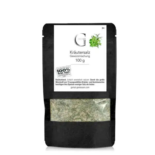 Ein schwarzer Beutel Kräutersalz-Gewürz, 100 g, mit weißem Etikett.