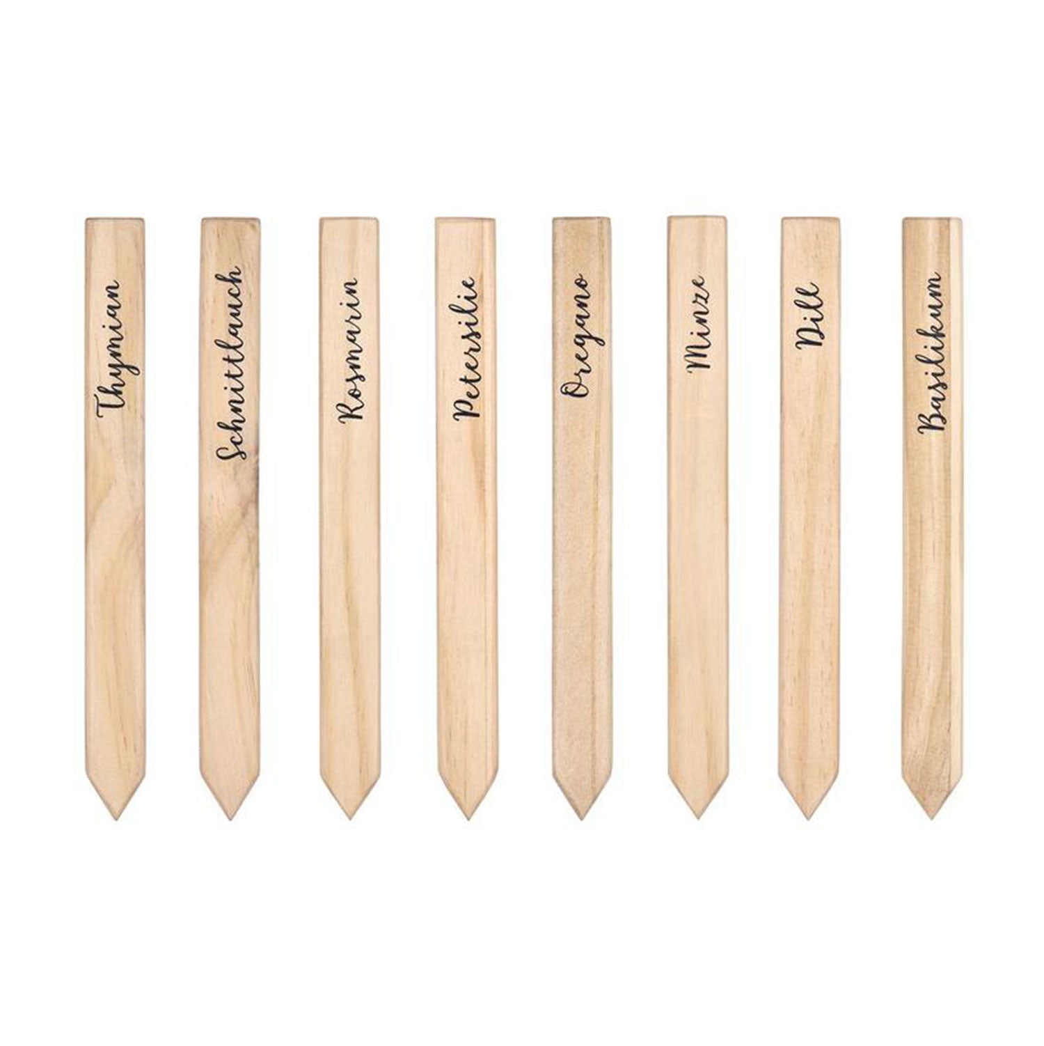 Kräuterstecker aus Holz: 8 Marker mit Kräuternamen in schöner Kursive.