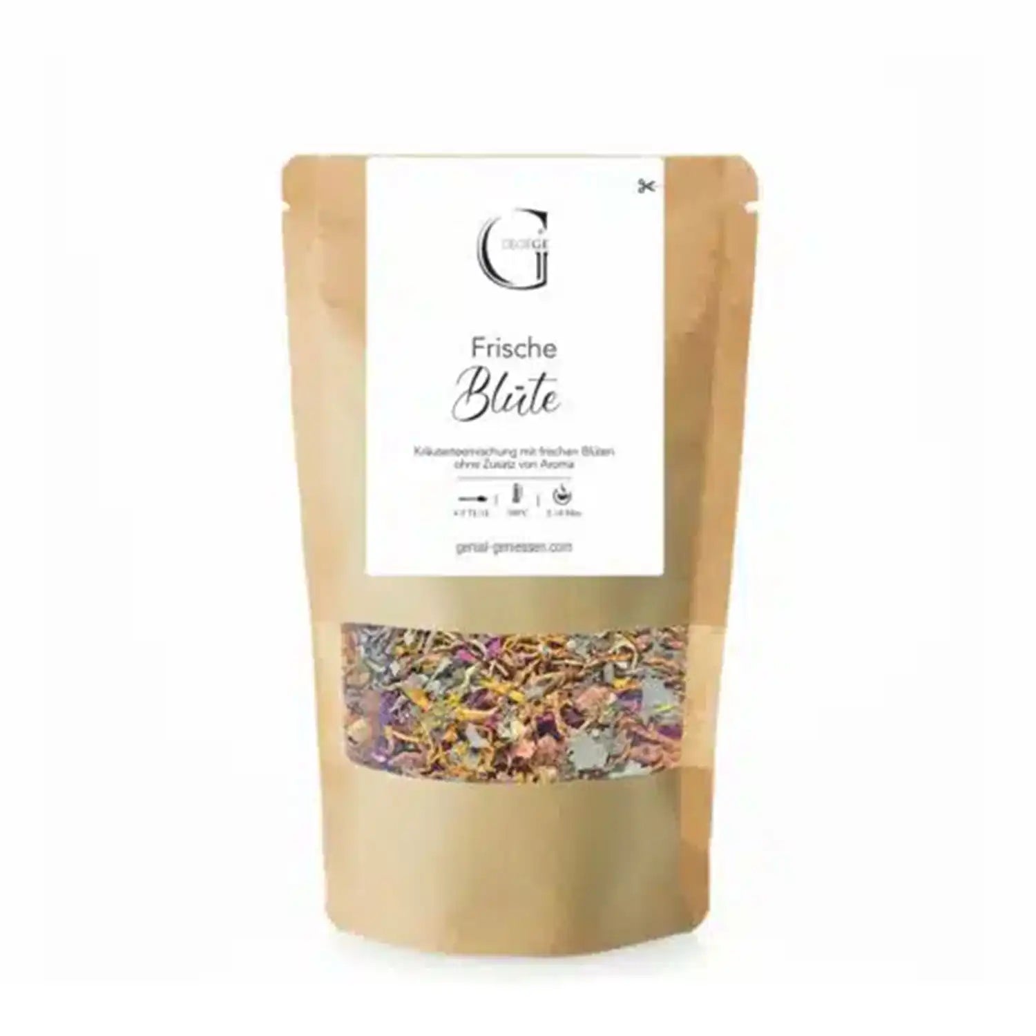 Brauner, wiederverschließbarer Beutel mit getrockneten essbaren Blüten mit weißem Etikett mit der Aufschrift Frische Blüte.