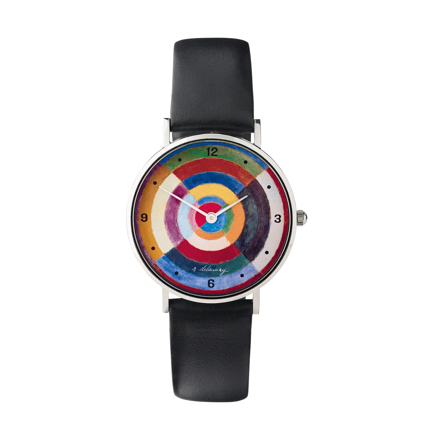 Die Armbanduhr präsentiert sich elegant und modern, mit einem Zifferblatt, das das berühmte Kunstwerk „Disque (Le premier disque)“ von Robert Delaunay zitiert. Auf dem Zifferblatt spielen verschiedene kräftige Farben in Kreisformen miteinander und spiegeln die einzigartigen Farbkontraste des Originals wider. Das Edelstahlgehäuse ist schlicht und edel, mit einem Durchmesser von 36 mm und einer geringen Höhe von 7 mm, was der Uhr eine filigrane, aber dennoch markante Präsenz verleiht. 