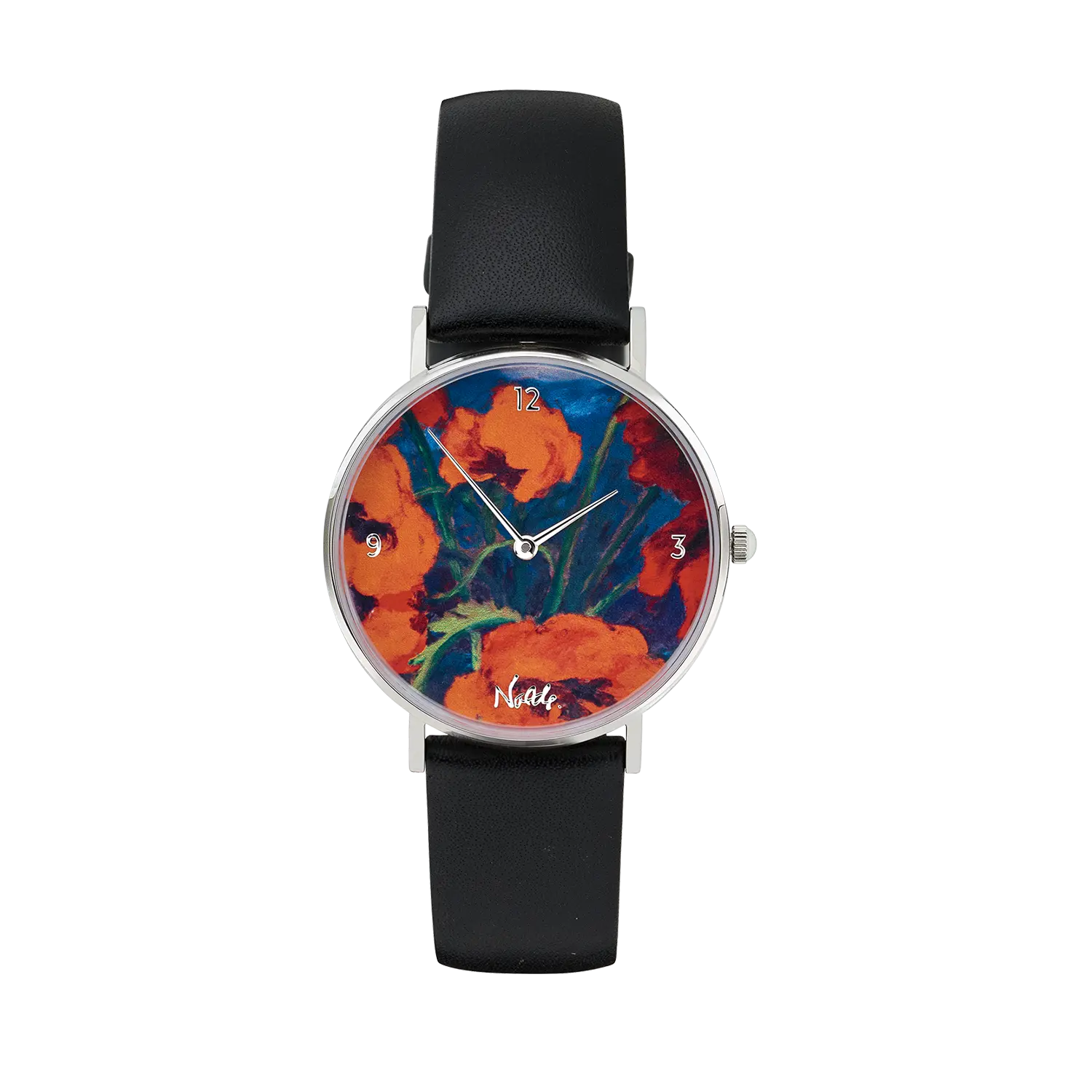 Das Bild zeigt eine Armbanduhr mit schwarzem Lederarmband und einem silbernen Gehäuse. Das Zifferblatt der Uhr ist mit einem farbenfrohen Bild von Mohnblumen verziert, das an den Stil von Vincent van Gogh erinnert. Die Uhr wirkt elegant und modern.