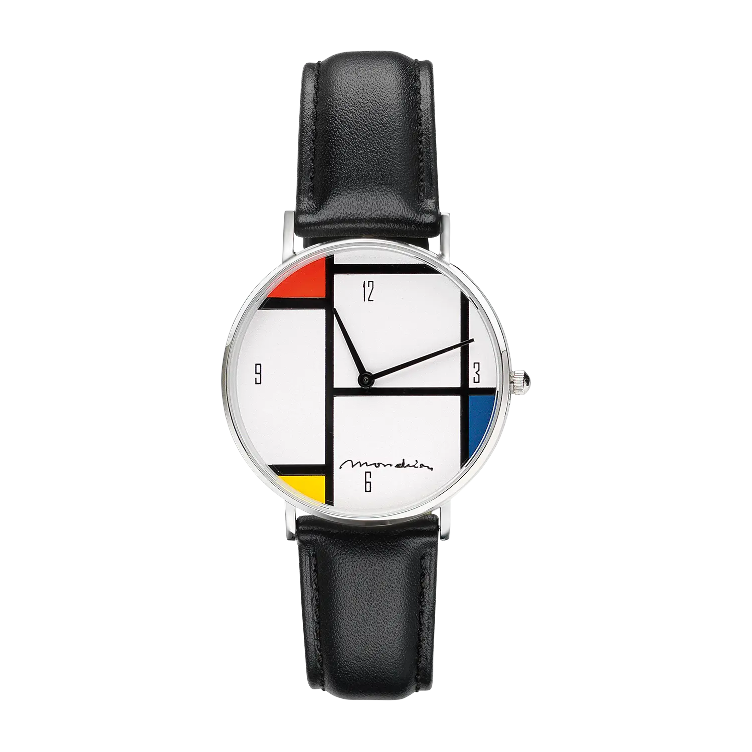 Mondrian - Tableau Nr. IV Exklusiv-Edition Uhr mit schwarzem Lederband.