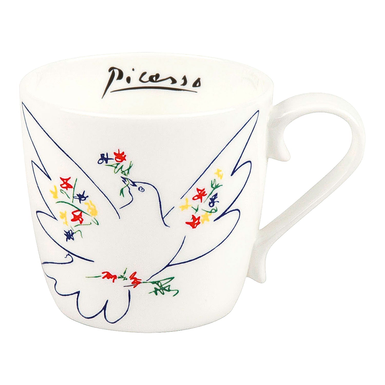 Diese weiße Tasse mit der blauen Umrisszeichnung einer Taube und farbigen Blättern trägt im Inneren den Schriftzug „Picasso“ und ist perfekt für Kunstliebhaber oder Sammler des „Tassensets mit Künstlermotiven im 4er Set“.