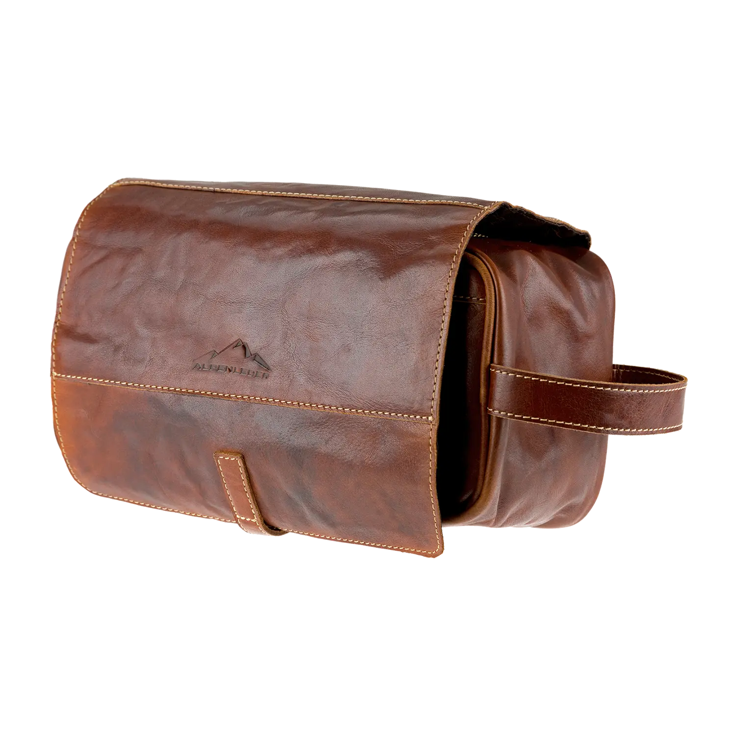 Die „Kulturtasche für Damen und Herren“ verfügt über einen Klappenverschluss, gesticktes Frontlogo, seitlichen Schlaufengriff, sichtbare Nähte und wasserabweisendes Innenfutter. Es ist aus braunem Leder gefertigt und bietet sowohl einen klassischen als auch langlebigen Look.