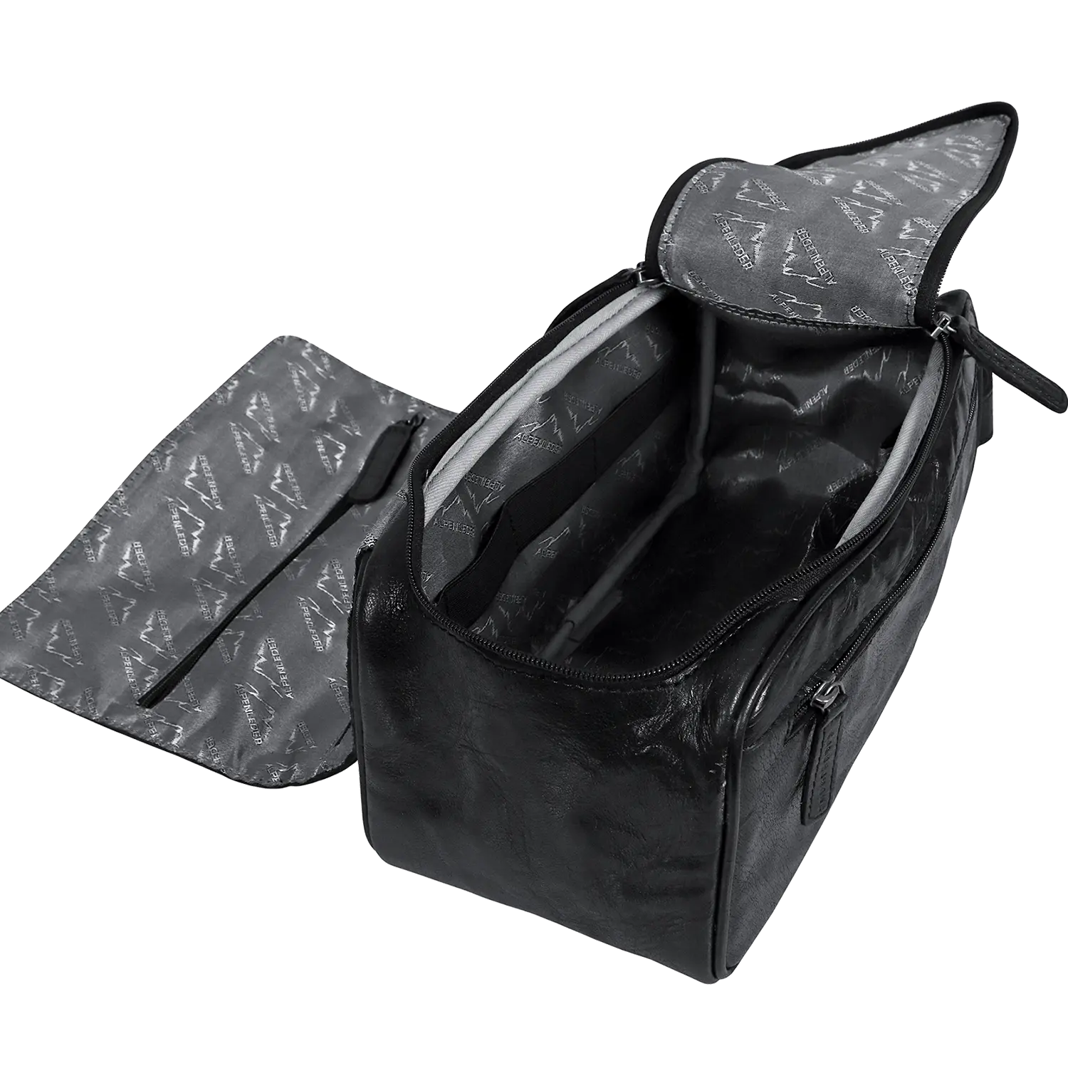 Kulturtasche für Damen und Herren aus schwarzem Leder, wasserabweisend innen.