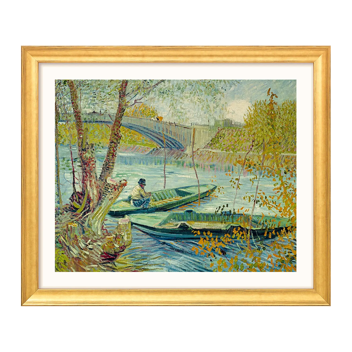 Kunstdruck: "Fischen im Frühling" 1887 - Boote, Personen, Bäume, Brücke.