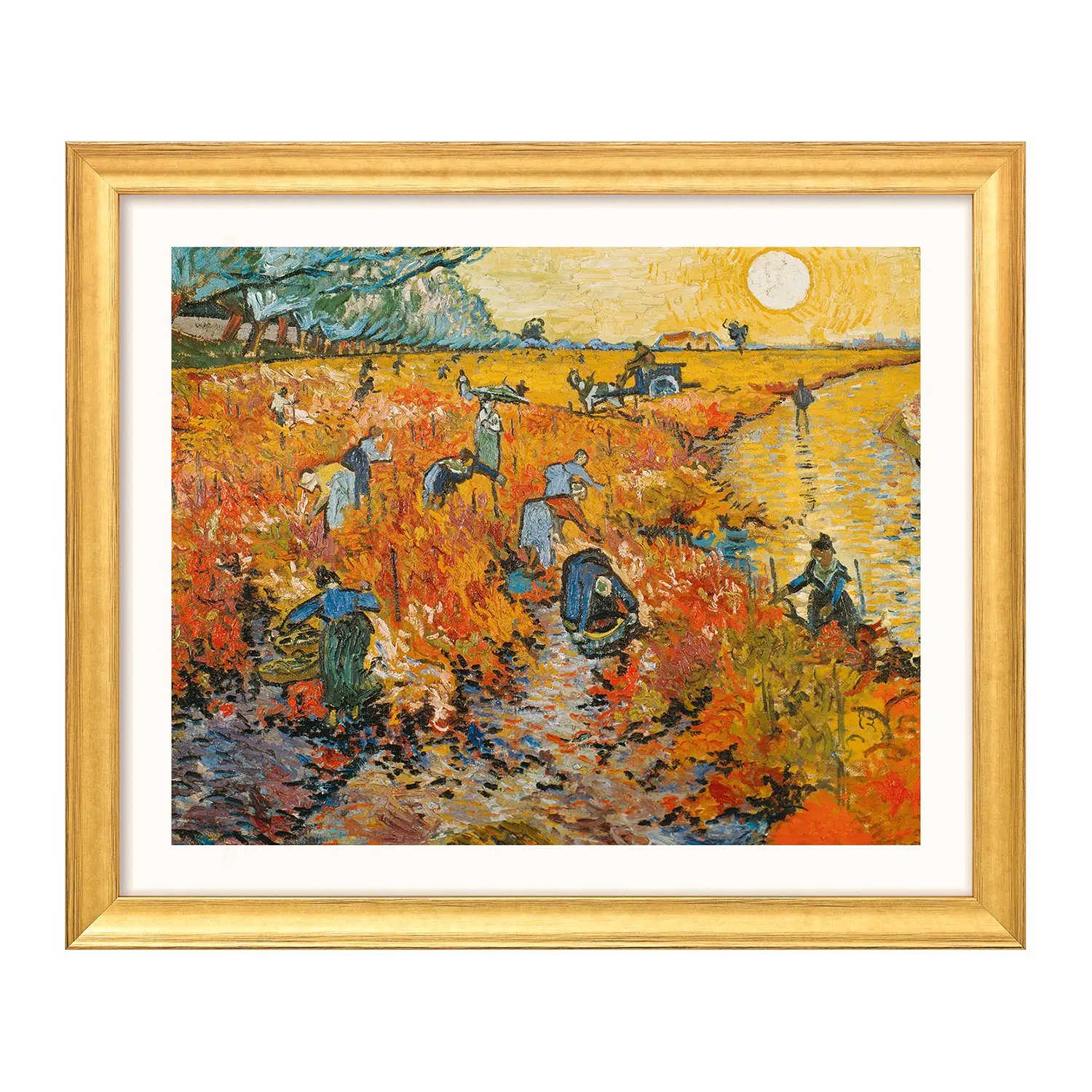 Gerahmte Vier Landschaftsbilder im Set von Menschen bei der Ernte bei Sonnenuntergang.