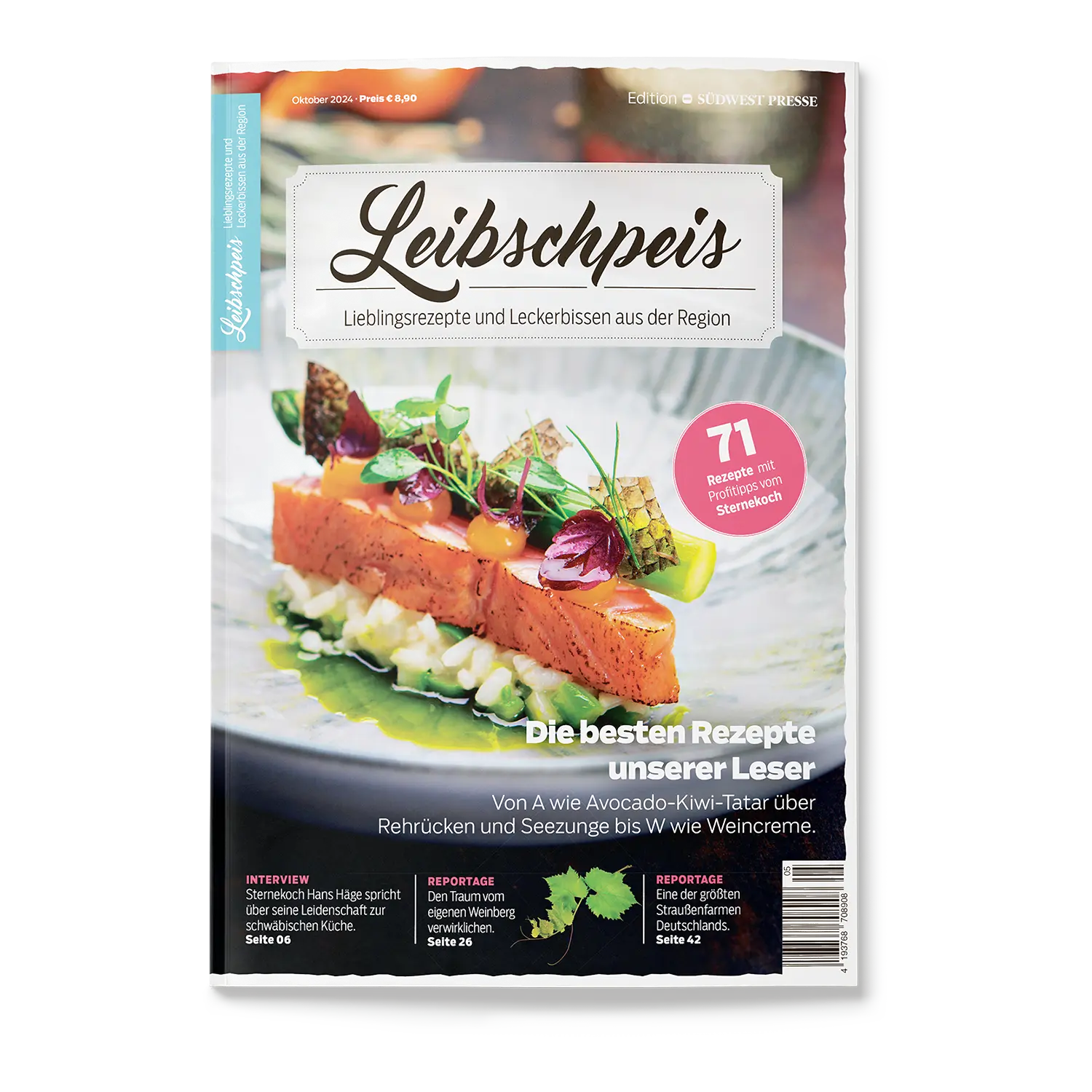 Der Leibspeis 2024 | Das Cover der 5. Ausgabe zeigt gebratenen Lachs auf Avocado-Tartar auf einem hellblauen Teller, enthält Lieblingsrezepte, Interviews mit Stars wie Sternekoch Hans Häge und Berichte aus dem Schwäbischen Koch- und Backmagazin.