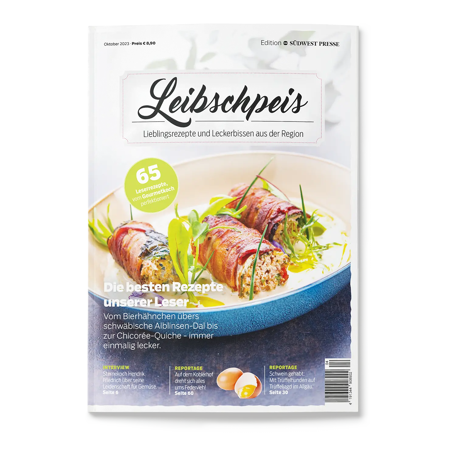 Cover des Leibschpeis-Magazins mit Schwerpunkt auf Rollfleisch und Kräutern. Zu den Features gehören 65 Lieblingsrezepte, Die besten schwäbischen Rezepte unserer Leser, und zelebriert regionale Genüsse mit der Edition Schwäbisch Presse in dieser exquisiten Koch- und Backzeitschrift.