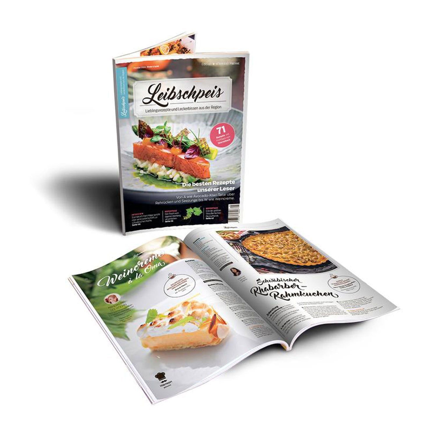 Das Magazin „Leibschpeis 2024 | 5. Ausgabe“ präsentiert auf dem Cover ein farbenfrohes Gericht. Im Inneren finden sich Rezepte von Sternekoch Hans Häge für ein Dessert und ein herzhaftes Gericht, geziert mit Fotos und Text in einem hellen, einladenden kulinarischen Layout.