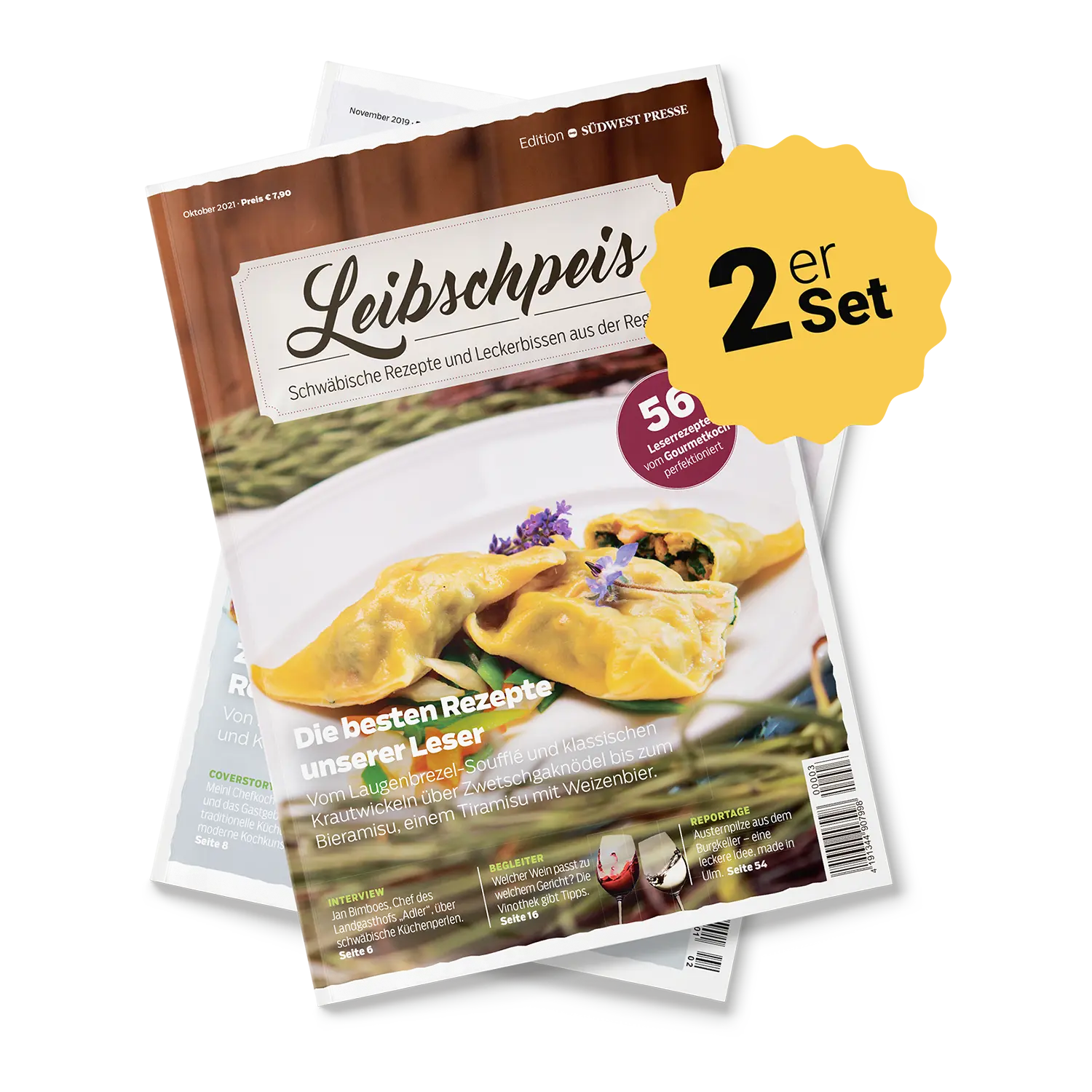 Ein Set aus zwei Leibschpeis-Kochmagazinen mit gefüllten Nudeln mit Kräutern auf dem Cover, „56 Rezepte Schwaben“ und besonderen Leserrezepten. Ein Schild weist auf „2 er Set“ hin und macht das Set Leibschpeis 2019/2021 perfekt für kulinarische Liebhaber, die authentische Aromen suchen.