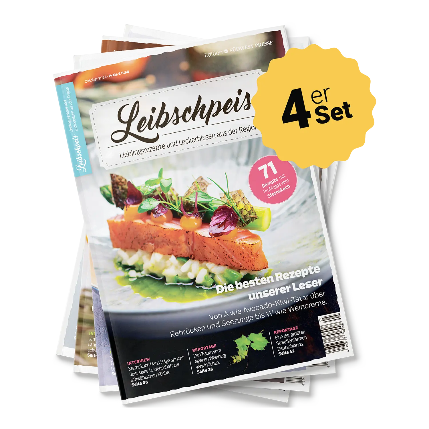 Ein Stapel von vier Leibspeise-Magazinen zeigt ein Cover zum Thema Essen mit einem eleganten Gericht aus Lachs, Avocado, Kräutern und Sauce. Die oberste Ausgabe trägt eine gelbe Plakette mit der Aufschrift „4er Set“ für diese Koch- und Backzeitschrift, die regionale Spezialitäten und Schwäbische Rezepte als deutsche Rezept-Highlights präsentiert (2019/2021/2023/2024).