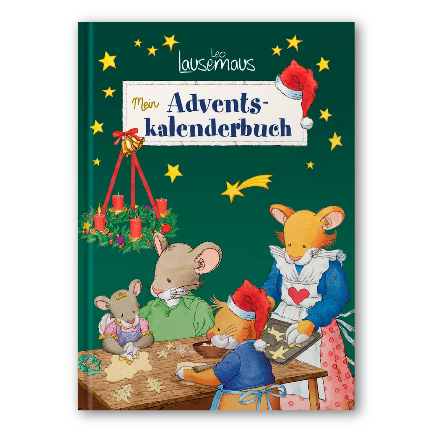 Drei Mäuse backen Plätzchen auf einem festlichen Leo Lausemaus - Mein Adventskalenderbuch Cover.