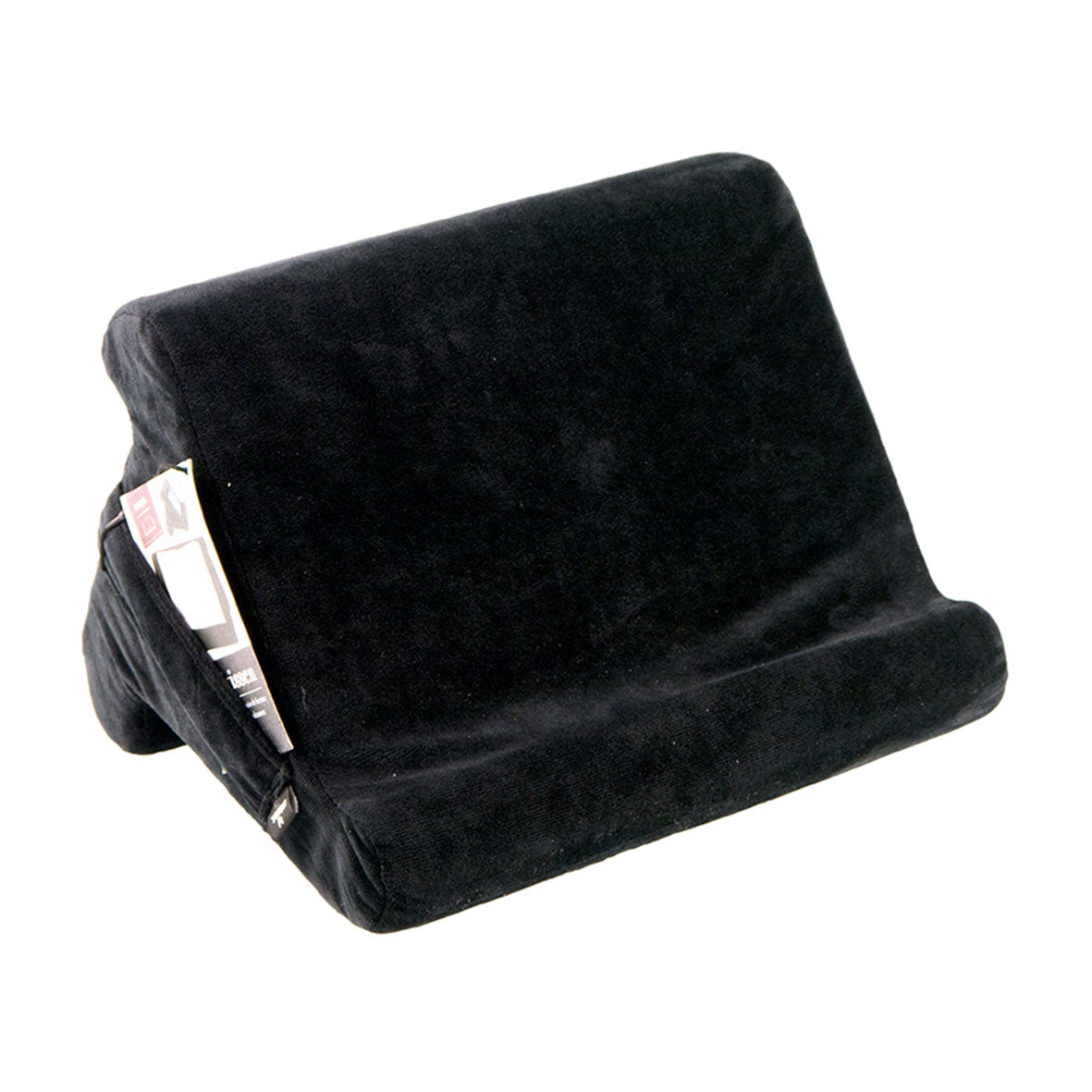 Das Lesekissen Pause ist ein schwarzes, keilförmiges Kissen mit weichem Stoffbezug.