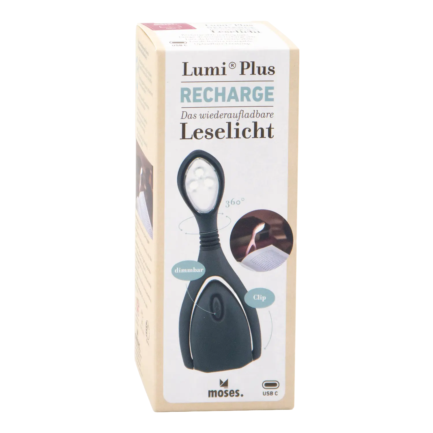 Box of USB Leselampe fürs Bett mit Akku, Clip, und USB-C, Features abgebildet.
