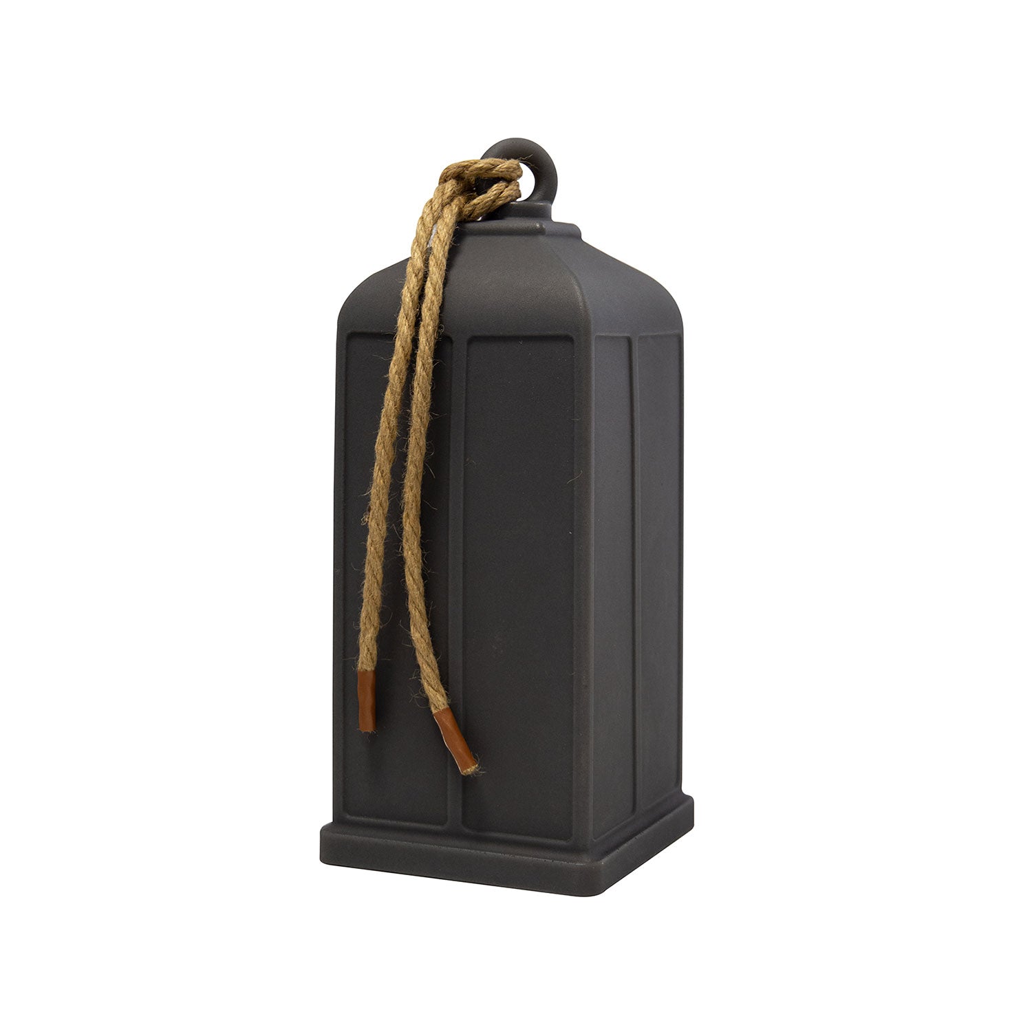 Leuchtende Laterne, Solar: schwarze rechteckige Laterne mit Seil, ideal für den Außenbereich.