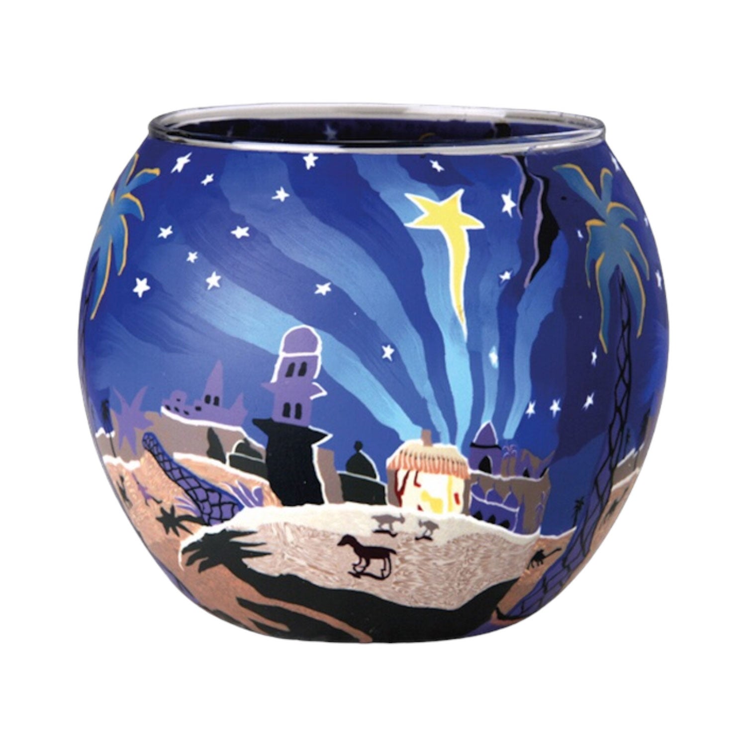 Das Teelichtglas Bethlehem ist ein atemberaubendes handgefertigtes Kunstwerk mit einem einzigartigen, dekorativen, kugelförmigen Kerzenhalter mit einer in leuchtenden Farben bemalten Weihnachtskrippe mit Gebäuden, Palmen und dem leuchtenden Leuchtglas-Bethlehem-Stern über einer gemütlichen Hütte.