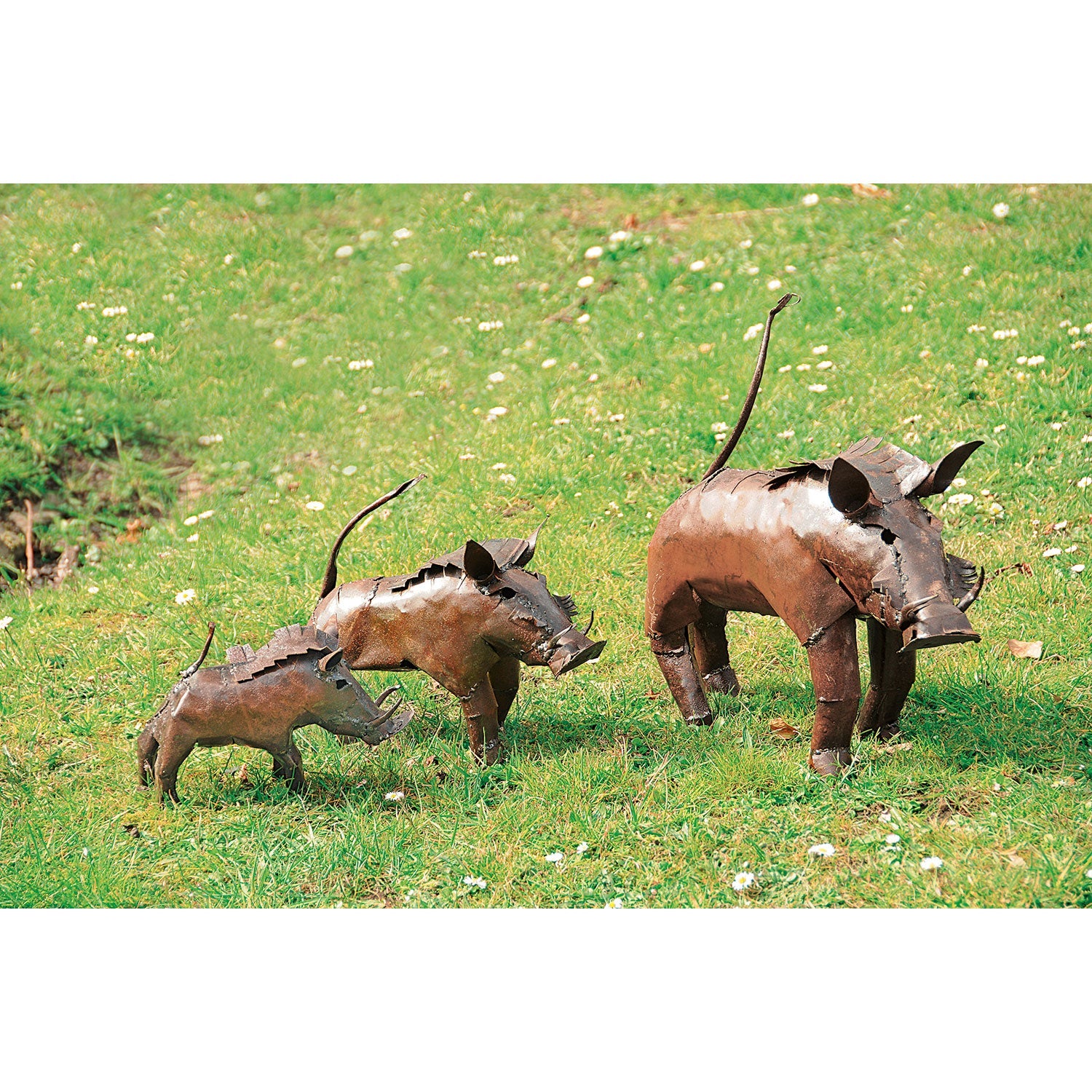 Das Set „Drei Gartenfiguren Warzenschweine“ zeigt handgefertigte, rostfarbene Metallskulpturen aus Zimbabwe – ein großes und zwei kleinere Tiere mit sichtbaren Nähten und liebevollen Details auf grünem Rasen.