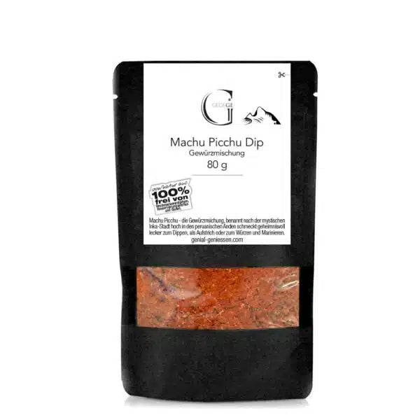 Ein schwarzer Beutel mit der Aufschrift Machu Picchu Dip Gewürzmischung, 80g mit sichtbaren Gewürzen.