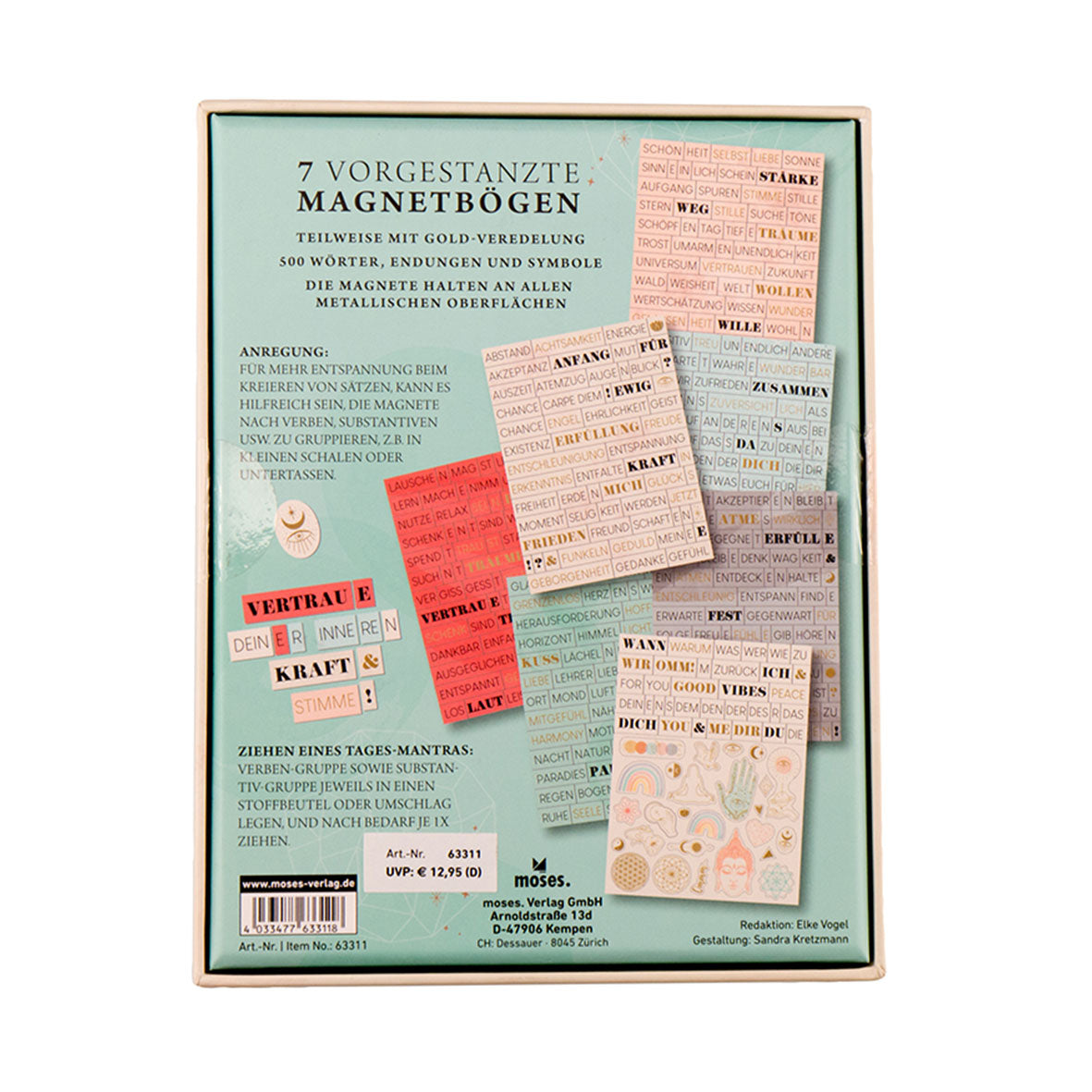 Das Bild zeigt eine Schachtel mit der Aufschrift „Magnetisches Wortpuzzle“ mit verschiedenen farbigen Wort- und Symbolmagneten, teilweise mit goldenen Akzenten. Die Hauptfarben der Schachtel sind Rot, Beige und Hellblau. Preis und Details finden Sie unten.