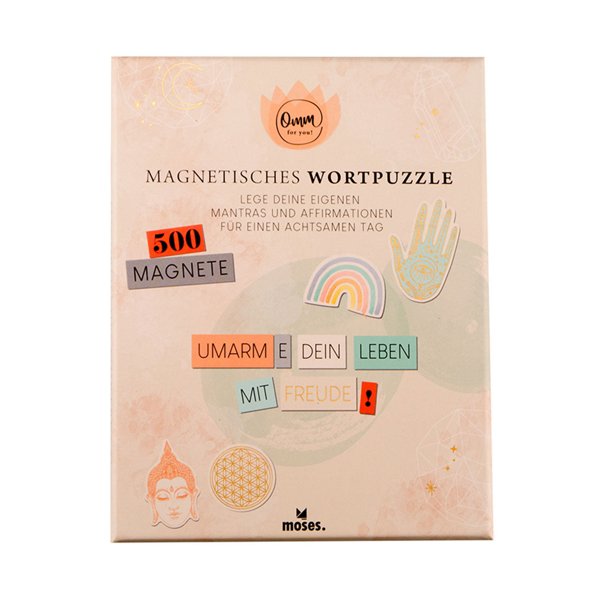 Eine Schachtel mit der Aufschrift „Magnetisches Wortpuzzle“ zeigt eine Lotusblume, eine Hand mit Auge und ein Buddha-Gesicht. Der deutsche Text lädt mit Affirmationen und Mantras zur Kreativität ein. 500 magnetische Teile ermöglichen die Gestaltung inspirierender Sätze.