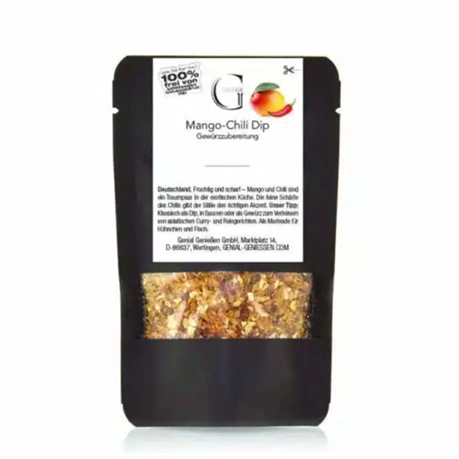Ein schwarzer Beutel mit der Aufschrift Mango-Chili-Dip, dessen Gewürzmischung am Boden sichtbar ist.