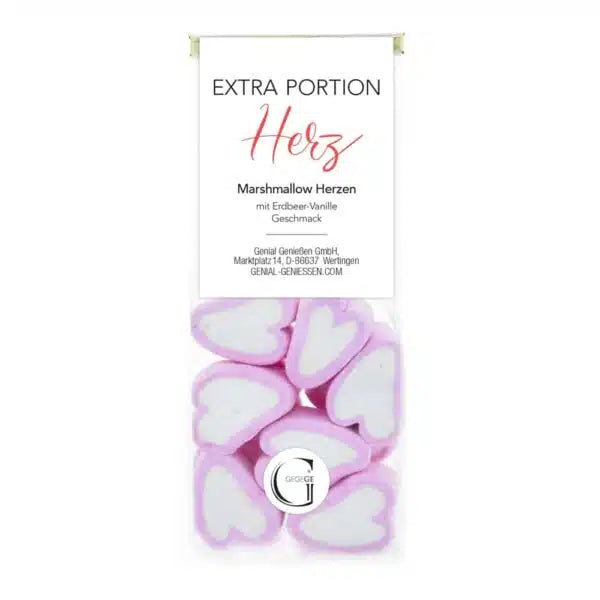 Rosa und weiße herzförmige Marshmallows in einem durchsichtigen Beutel mit der Aufschrift Herz.