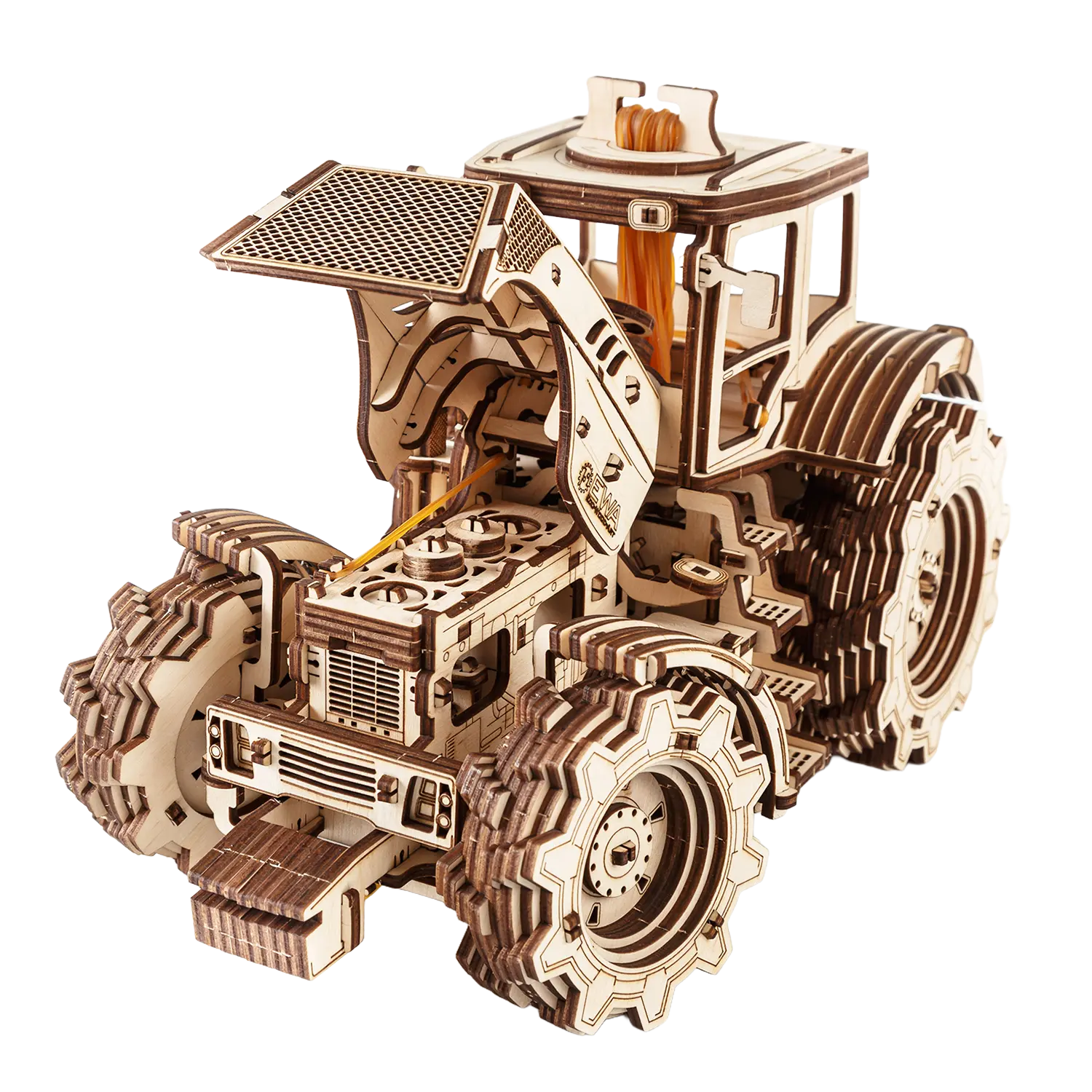 3D-Holzpuzzle Traktor mit detailreichen Rädern, Zahnrädern und Präzision.