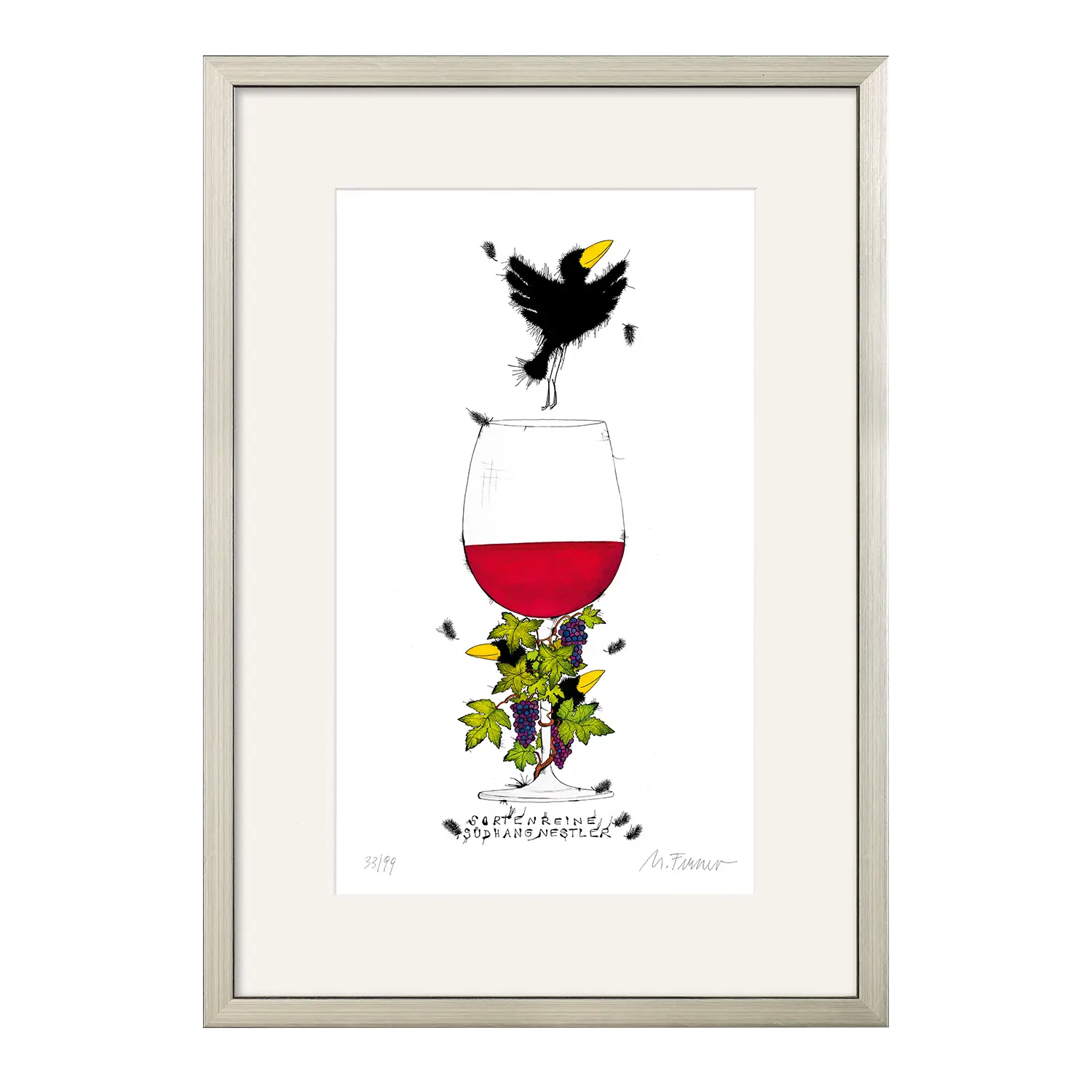 Ein schwarzer Vogel mit gelbem Schnabel sitzt auf einem Glas in ars mundi's "Sortenreine Südhangnestler" MR.