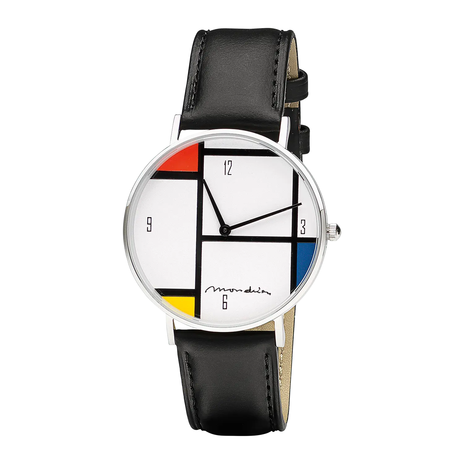 Mondrian - Tableau Nr. IV Exklusiv-Edition Uhr mit schwarzem Lederarmband.