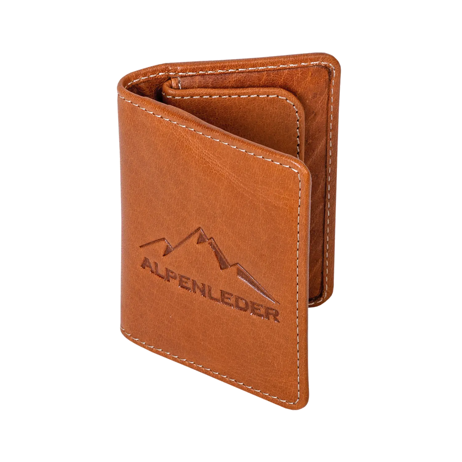 Die Geldbörse Geldbeutel MONETEN steht aufrecht und ist mit Bergen und „ALPENLEDER“ geprägt, vor einem makellos weißen Hintergrund.