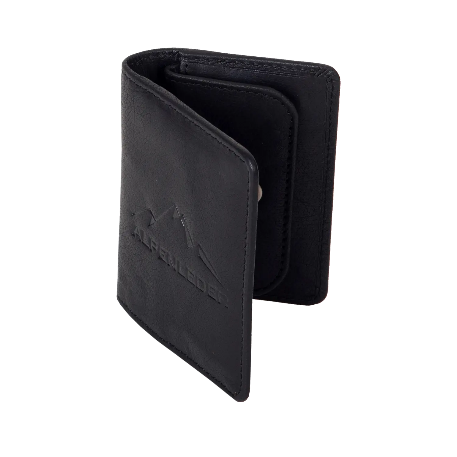 Schwarzer Dreiblatt-Geldbeutel MONETEN mit geprägtem Berg-Logo und ALPENLEDER.