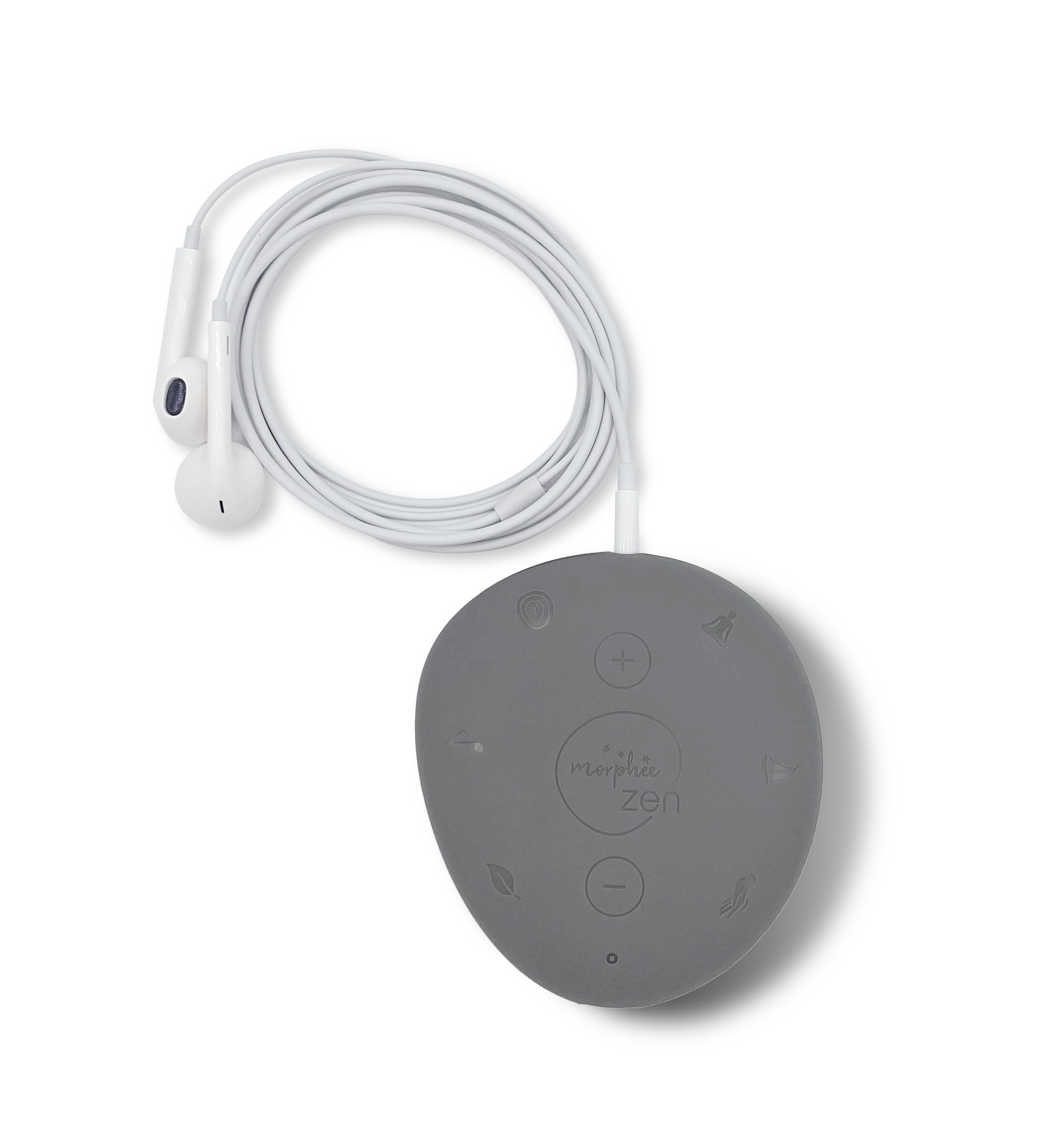 Graues Morphée Zen-Meditationsgerät mit weißen Ohrhörern, ideal als Einschlafhilfe.