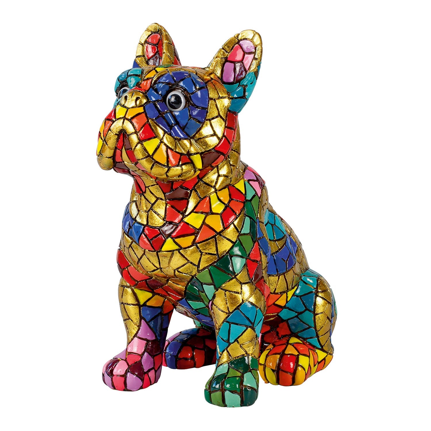 Die Mosaikfigur „Bulldogge“ ist eine farbenfrohe Polyresin-Skulptur einer französischen Bulldogge, die in der Trencadis-Technik mit leuchtenden Mustern in Rot, Blau, Grün, Gold und Rosa gefertigt wurde und glänzende, skurrile Augen aufweist.