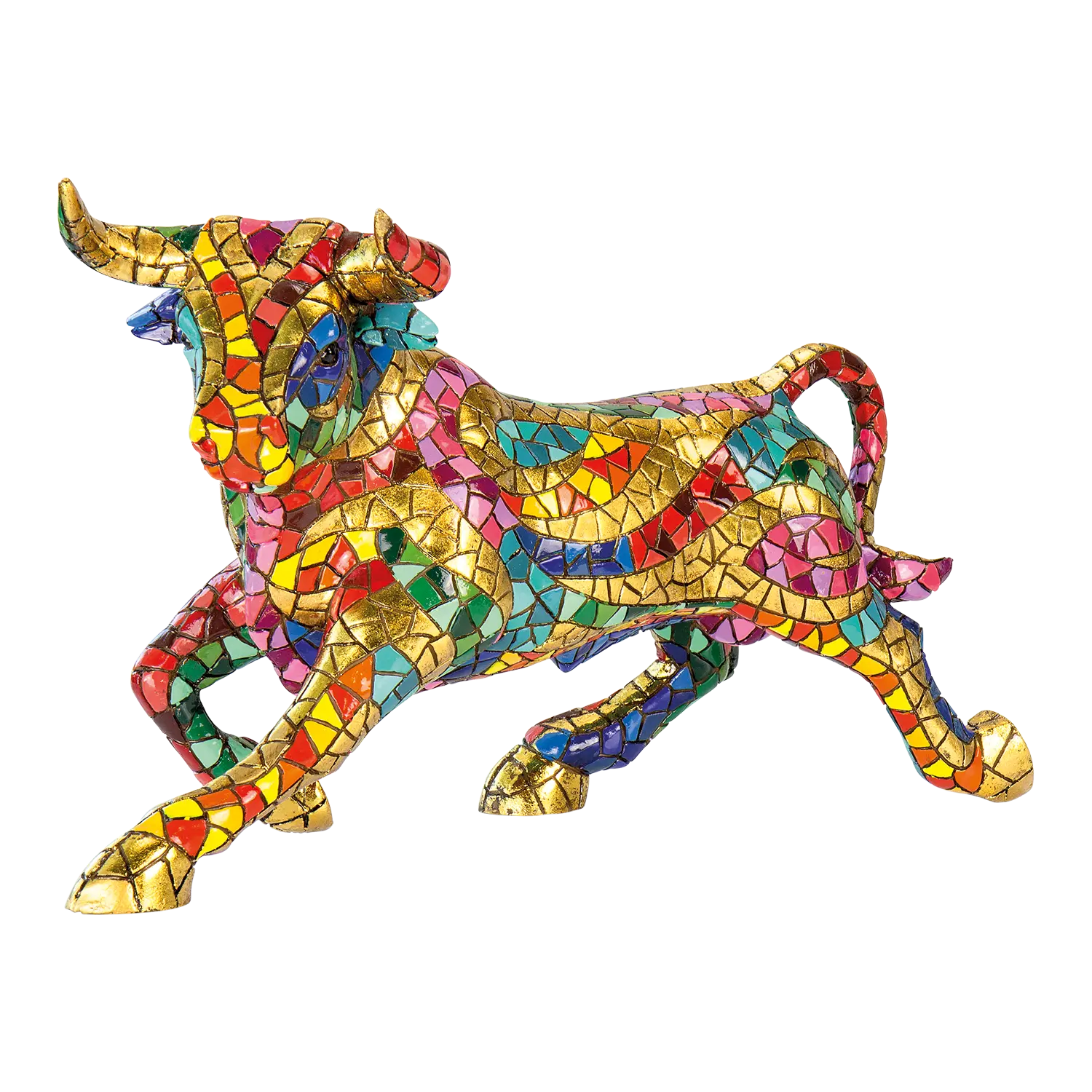Mosaikfigur Stier in buntem Trencadis-Stil, Mittelsteg auf weißem Grund.