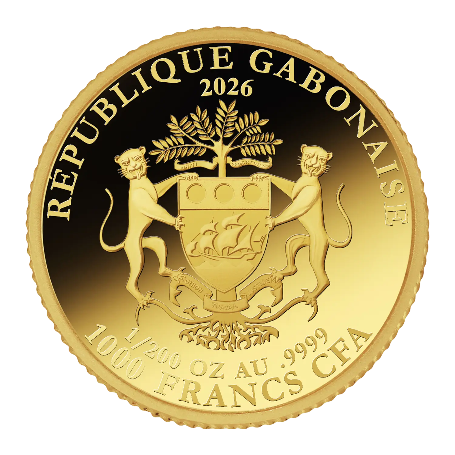 Limitierte Goldmünze Weihnachtsengel 2026 aus Gabun im Samtsäckchen.