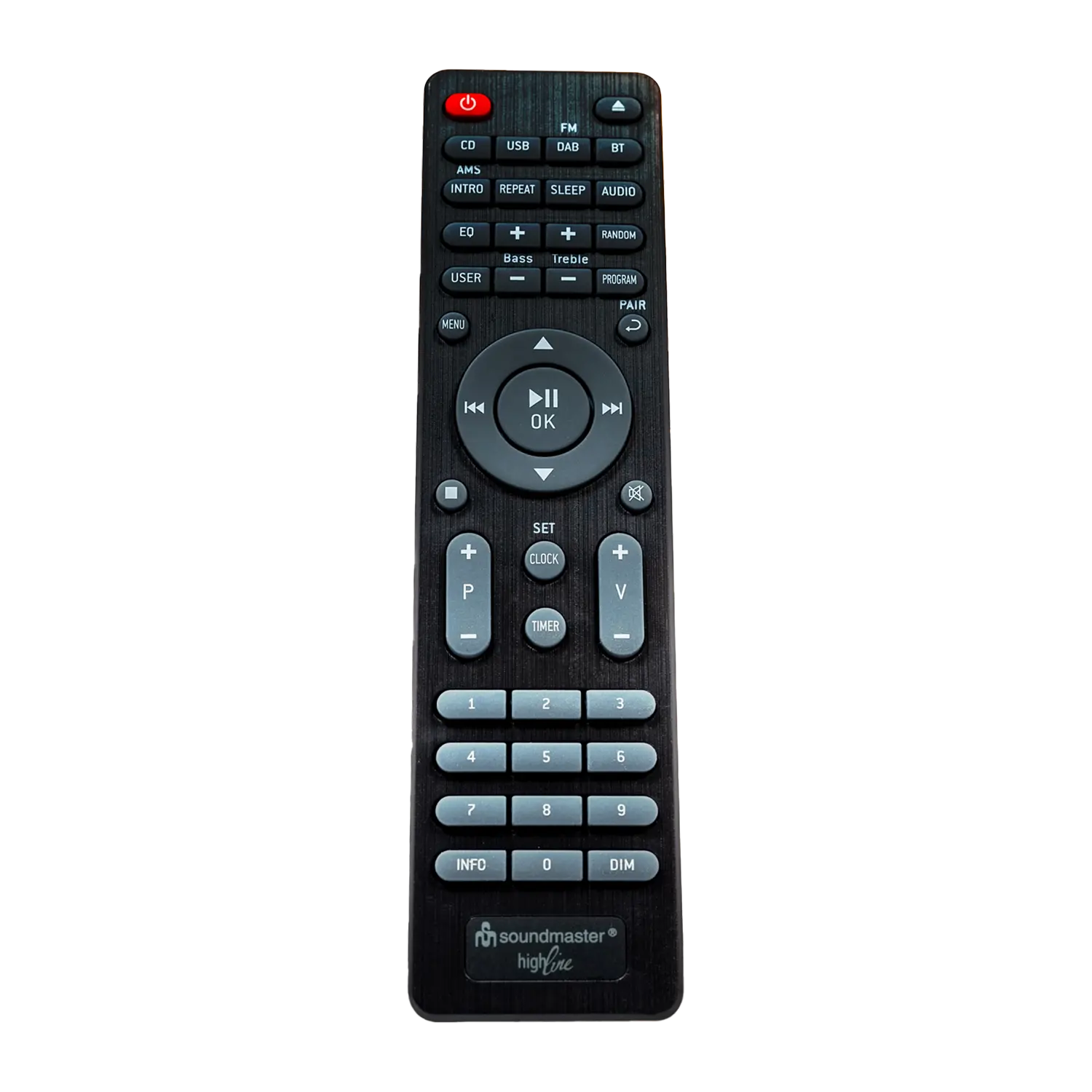 Schwarze Nostalgie-Stereo-Musikcenter-Fernbedienung auf weißem Grund, mit verschiedenen Tasten.