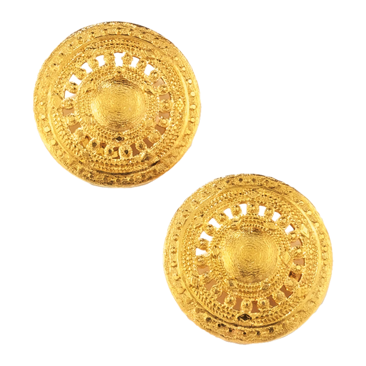 Runde, verschnörkelte Goldohrringe von Spirituelles Schmuckset Aton-Sonnenrad.