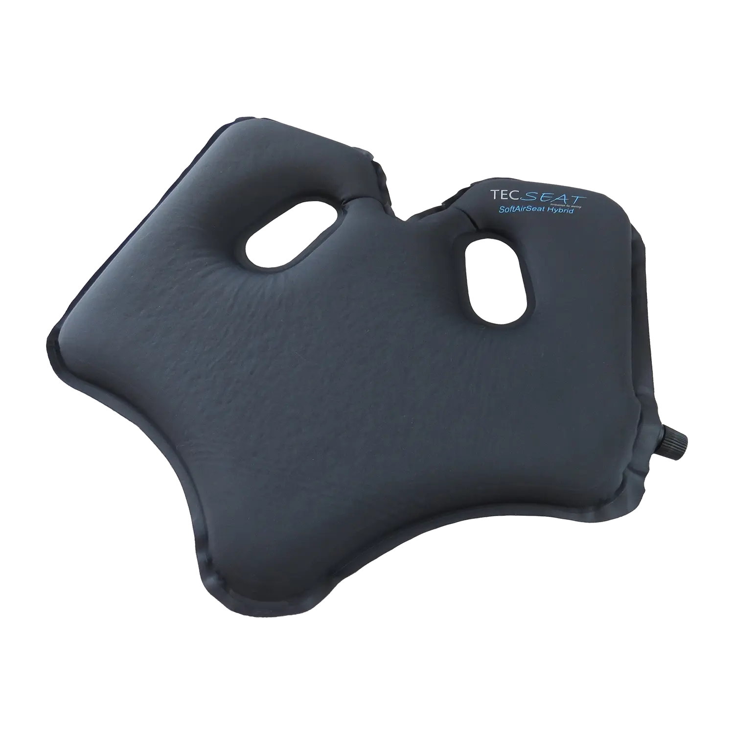 Orthopädisch wirkendes Sitzkissen, schwarz, konturiert mit zwei Aussparungen.