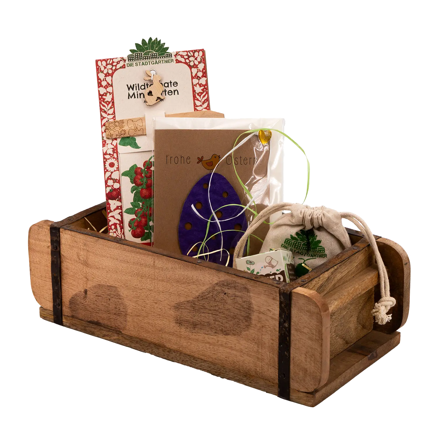 Ostergeschenk für den Garten: Ziegelform-Set mit Büchern, Ei Wildblumen.