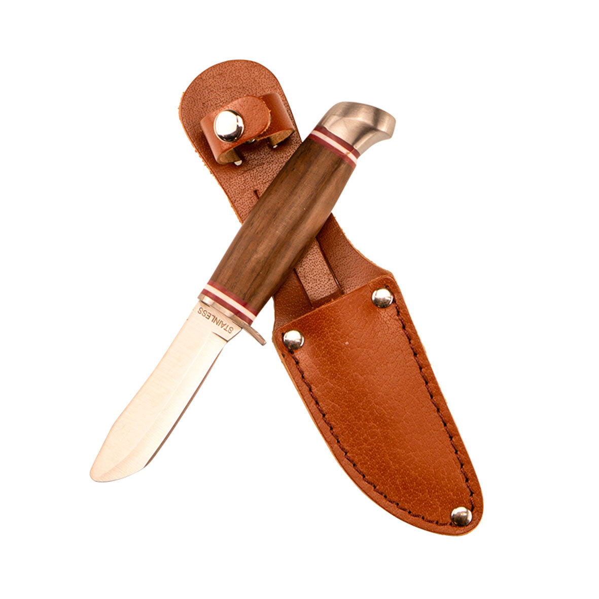 Das Outdoor Messer – Expedition Natur hat einen Holzgriff und eine Klinge aus rostfreiem Stahl mit abgerundeter Spitze.