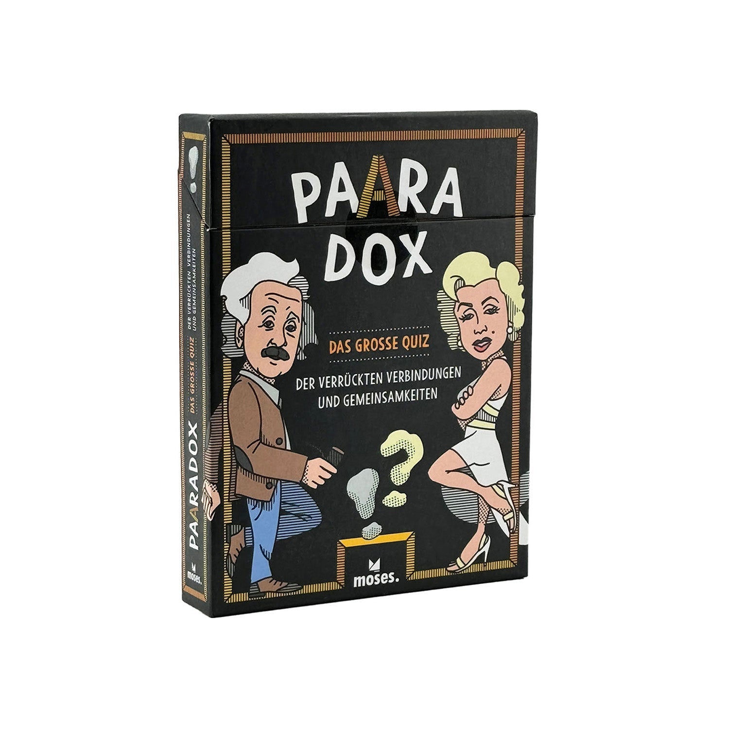 Die Paaradox-Quizspielbox enthält verspielte Karikaturen eines Wissenschaftlers und einer glamourösen Frau mit einem großen Fragezeichen, die interessante Fragen aufwerfen. Unterhaltung für Quizliebhaber verkörpert der deutsche Text mit dem Titel „Paaradox – Das große Quiz der verrückten Verbindungen und Gemeinsamkeiten“.